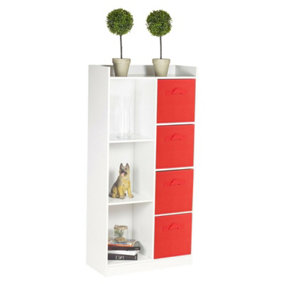 URBNLIVING Height 128cm Tall Wooden White 7 Cube Bookcase with Red Drawers Shelving Display Storage Unit Cabinet Shelves