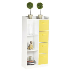 URBNLIVING Height 128cm Tall Wooden White 7 Cube Bookcase with Yellow Drawers Shelving Display Storage Unit Cabinet Shelves