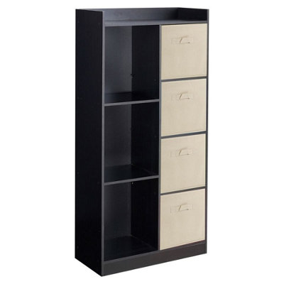 URBNLIVING Height 128cm Wooden Black 7 Cube Bookcase with Beige Drawers Tall Shelving Display Storage Unit Cabinet