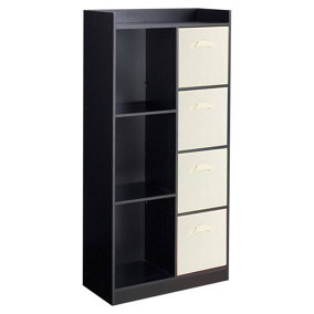 URBNLIVING Height 128cm Wooden Black 7 Cube Bookcase with Cream Drawers Tall Shelving Display Storage Unit Cabinet