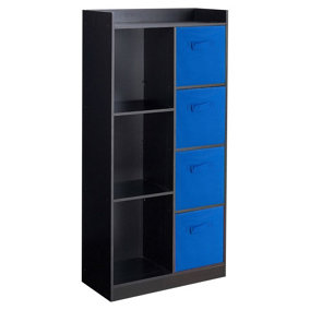 URBNLIVING Height 128cm Wooden Black 7 Cube Bookcase with Dark Blue Drawers Tall Shelving Display Storage Unit Cabinet