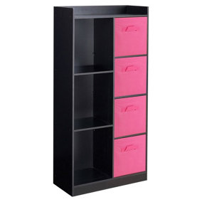 URBNLIVING Height 128cm Wooden Black 7 Cube Bookcase with Dark Pink Drawers Tall Shelving Display Storage Unit Cabinet
