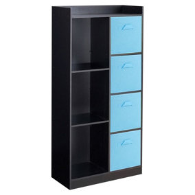 URBNLIVING Height 128cm Wooden Black 7 Cube Bookcase with Light Blue Drawers Tall Shelving Display Storage Unit Cabinet