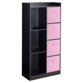 URBNLIVING Height 128cm Wooden Black 7 Cube Bookcase with Light Pink Drawers Tall Shelving Display Storage Unit Cabinet