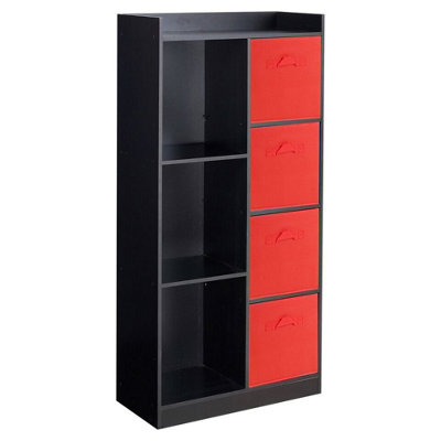 URBNLIVING Height 128cm Wooden Black 7 Cube Bookcase with Red Drawers Tall Shelving Display Storage Unit Cabinet