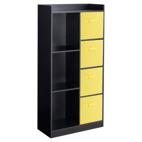 URBNLIVING Height 128cm Wooden Black 7 Cube Bookcase with Yellow Drawers Tall Shelving Display Storage Unit Cabinet