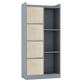 URBNLIVING Height 128cm Wooden Grey 7 Cube Bookcase with Beige Drawers Tall Shelving Display Storage Unit Cabinet