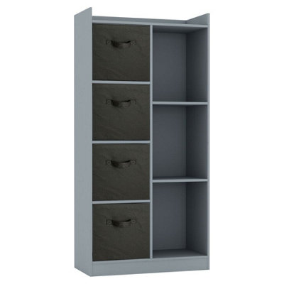 URBNLIVING Height 128cm Wooden Grey 7 Cube Bookcase with Black Drawers Tall Shelving Display Storage Unit Cabinet