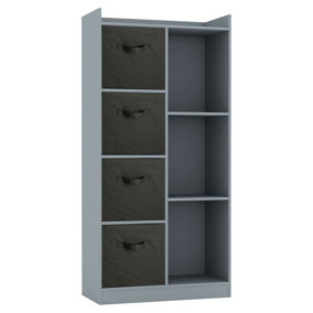 URBNLIVING Height 128cm Wooden Grey 7 Cube Bookcase with Black Drawers Tall Shelving Display Storage Unit Cabinet