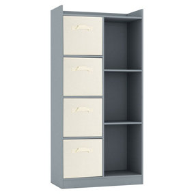URBNLIVING Height 128cm Wooden Grey 7 Cube Bookcase with Cream Drawers Tall Shelving Display Storage Unit Cabinet