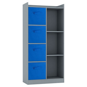 URBNLIVING Height 128cm Wooden Grey 7 Cube Bookcase with Dark Blue Drawers Tall Shelving Display Storage Unit Cabinet
