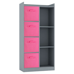 URBNLIVING Height 128cm Wooden Grey 7 Cube Bookcase with Dark Pink Drawers Tall Shelving Display Storage Unit Cabinet