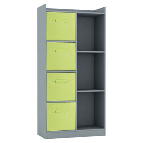 URBNLIVING Height 128cm Wooden Grey 7 Cube Bookcase with Green Drawers Tall Shelving Display Storage Unit Cabinet