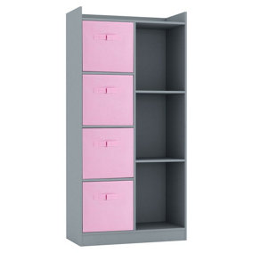 URBNLIVING Height 128cm Wooden Grey 7 Cube Bookcase with Light Pink Drawers Tall Shelving Display Storage Unit Cabinet