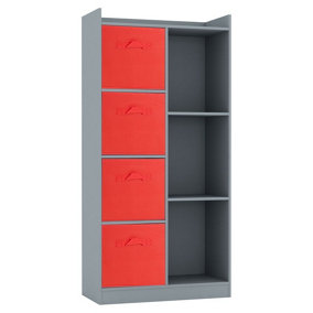 URBNLIVING Height 128cm Wooden Grey 7 Cube Bookcase with Red Drawers Tall Shelving Display Storage Unit Cabinet