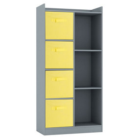 URBNLIVING Height 128cm Wooden Grey 7 Cube Bookcase with Yellow Drawers Tall Shelving Display Storage Unit Cabinet