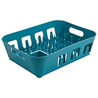 URBNLIVING Height 12cm Large Teal Plastic Dish Drying Rack Drip Drainer Kitchen Sink Tray with Utensil Holder