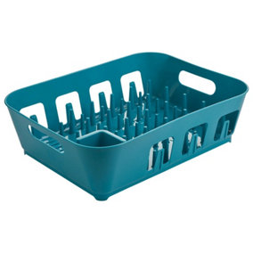 URBNLIVING Height 12cm Large Teal Plastic Dish Drying Rack Drip Drainer Kitchen Sink Tray with Utensil Holder