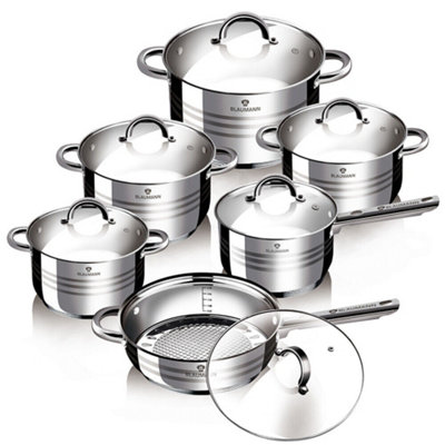 URBNLIVING Height 14.5cm Blaumann Gourmet 12Pc Cookware Set Stainless Steel Non Stick Pots Pans Induction