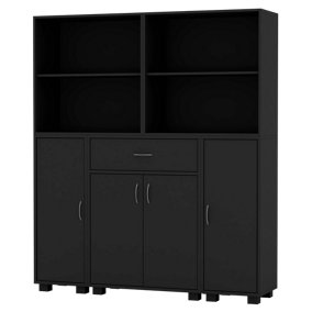 URBNLIVING Height 140cm 4 Door 4 Shelf Black Bookshelf 1 Drawer Storage Cabinet Bookcase Cupboard Display Unit