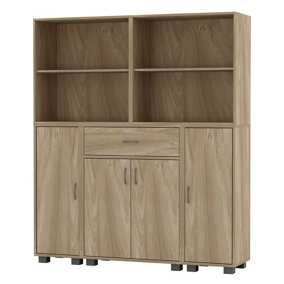 URBNLIVING Height 140cm 4 Door 4 Shelf Oak Bookshelf 1 Drawer Storage Cabinet Bookcase Cupboard Display Unit