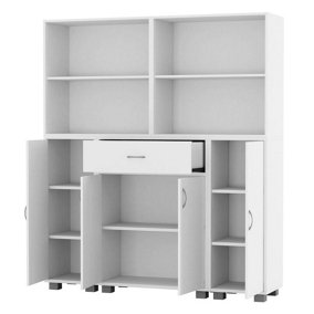 URBNLIVING Height 140cm 4 Door 4 Shelf White Bookshelf 1 Drawer Storage Cabinet Bookcase Cupboard Display Unit