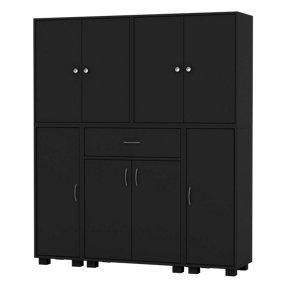 URBNLIVING Height 140cm 8 Door & 12 Shelf Black Bookshelf 1 Drawer Storage Cabinet Bookcase Cupboard Display
