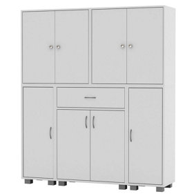 URBNLIVING Height 140cm 8 Door & 12 Shelf White Bookshelf 1 Drawer Storage Cabinet Bookcase Cupboard Display