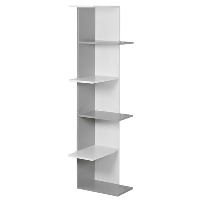 URBNLIVING Height 141cm 5 Tier Wooden Modern Corner Bookcase Shelves White and Grey Colour Living Room Storage Free Standing Displ