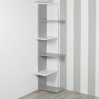 URBNLIVING Height 141cm 5 Tier Wooden Modern Corner Bookcase Shelves White and Grey Colour Living Room Storage Free Standing Displ - 3