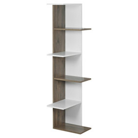 URBNLIVING Height 141cm 5 Tier Wooden Modern Corner Bookcase Shelves White and Oak Colour Living Room Storage Free Standing Displa