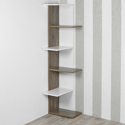 URBNLIVING Height 141cm 5 Tier Wooden Modern Corner Bookcase Shelves White and Oak Colour Living Room Storage Free Standing Displa - 3