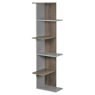 URBNLIVING Height 141cm Modern Grey and Oak Wooden Corner Bookcase 5 Tier Free Standing Storage Display for Living Room