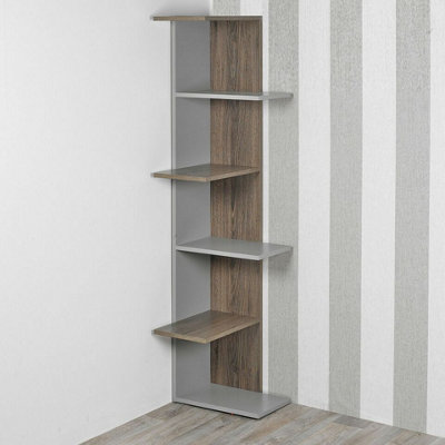 URBNLIVING Height 141cm Modern Grey and Oak Wooden Corner Bookcase 5 Tier Free Standing Storage Display for Living Room