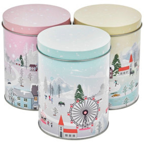 URBNLIVING Height 14cm 3 Piece Christmas Trees Winter Scenes Xmas Snowflakes Storage Tins with Lids Set