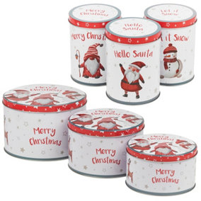 URBNLIVING Height 14cm Set of 3 Round and Tall Christmas Santa Jars Storage Tin Container Canisters Tea Coffee Cookie Biscuit