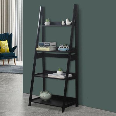 URBNLIVING Height 150cm Modena 4 Tier Wooden Ladder Colour Black Storage Rack Display Stand Shelving Unit Bedroom