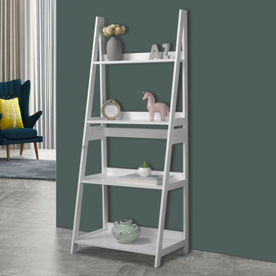 URBNLIVING Height 150cm Modena 4 Tier Wooden Ladder Colour White Storage Rack Display Stand Shelving Unit Bedroom
