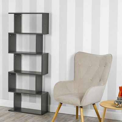 URBNLIVING Height 159Cm 5 Tier Wooden S-Shaped Bookcase Living Room Colour Black Modern Display Shelves Storage Unit Divider