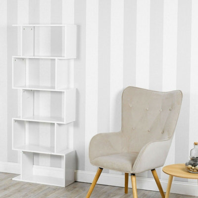 URBNLIVING Height 159Cm 5 Tier Wooden S-Shaped Bookcase Living Room Colour White Modern Display Shelves Storage Unit Divider