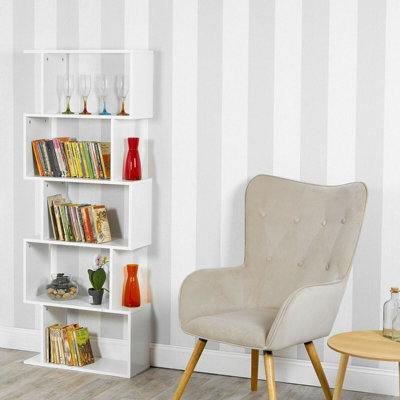 URBNLIVING Height 159Cm 5 Tier Wooden S-Shaped Bookcase Living Room Colour White Modern Display Shelves Storage Unit Divider - 3