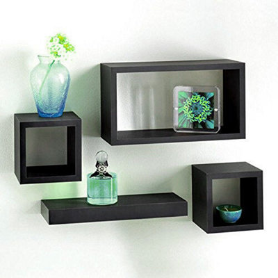 URBNLIVING Height 16cm Set of 4 Wooden Black Cube Shelves Wall Storage
