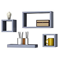 URBNLIVING Height 16cm Set of 4 Wooden Grey Cube Shelves Wall Storage Display