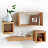 URBNLIVING Height 16cm Set of 4 Wooden Oak Cube Shelves Wall Storage Display