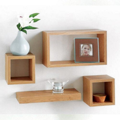 URBNLIVING Height 16cm Set of 4 Wooden Oak Cube Shelves Wall Storage Display