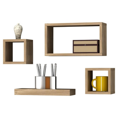 URBNLIVING Height 16cm Set of 4 Wooden Oak Cube Shelves Wall Storage Display