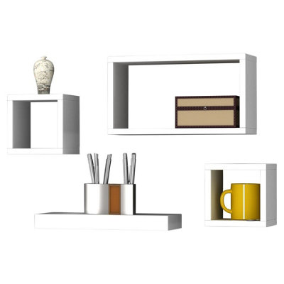 URBNLIVING Height 16cm Set of 4 Wooden White Cube Shelves Wall Storage Display