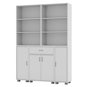 URBNLIVING Height 170cm 4 Door 6 Shelf White Bookshelf 1 Drawer Storage Cabinet Bookcase Cupboard Display Unit