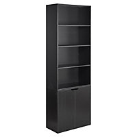 URBNLIVING Height 180Cm 6 Tier Bookcase With 2 Door Cupboard Cabinet Storage Shelving Display Colour Black Wood Shelf