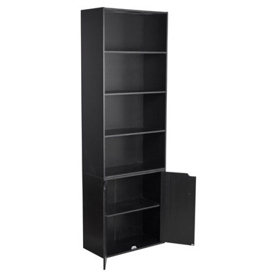 URBNLIVING Height 180Cm 6 Tier Bookcase With 2 Door Cupboard Cabinet Storage Shelving Display Colour Black Wood Shelf - 3